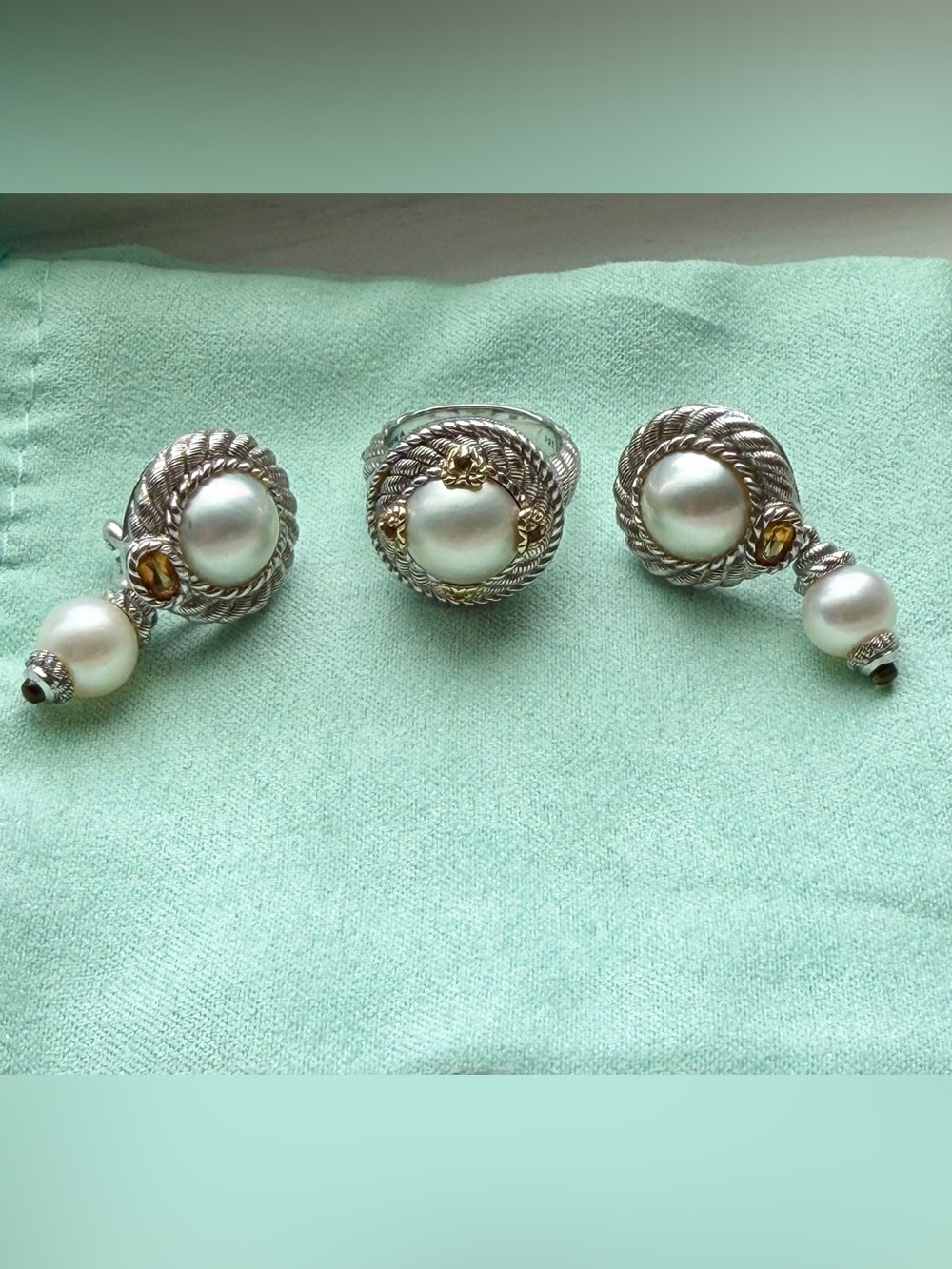 Judith Ripka Silver Rope Pearl Ring and Drop Earrings with Citrine Stones